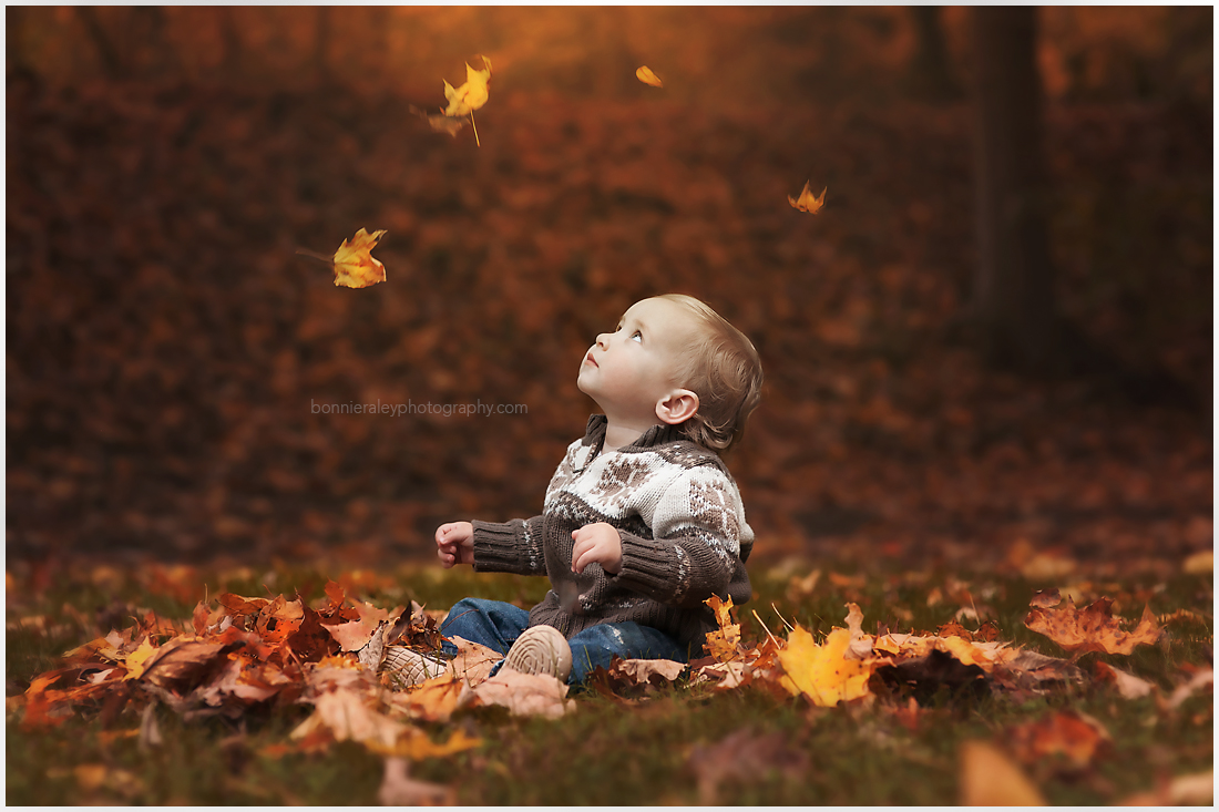 one year old boy in fall leaves