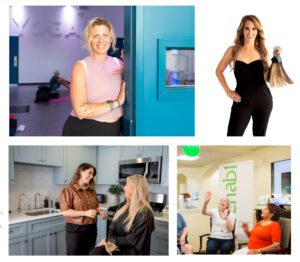 Professional branding photography collage featuring a fitness studio owner, hair extension specialist, salon consultation, and healthcare marketing event in the Philadelphia and West Chester PA area.